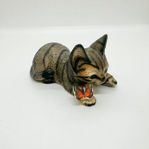 Vtg 1983 Harvey Knox Kingdom Porcelain Tabby Cat Kitten Orange Butterfly